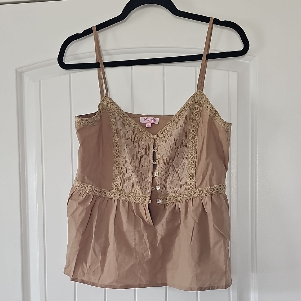 New PinkLily Lace Trimmed Tan Top